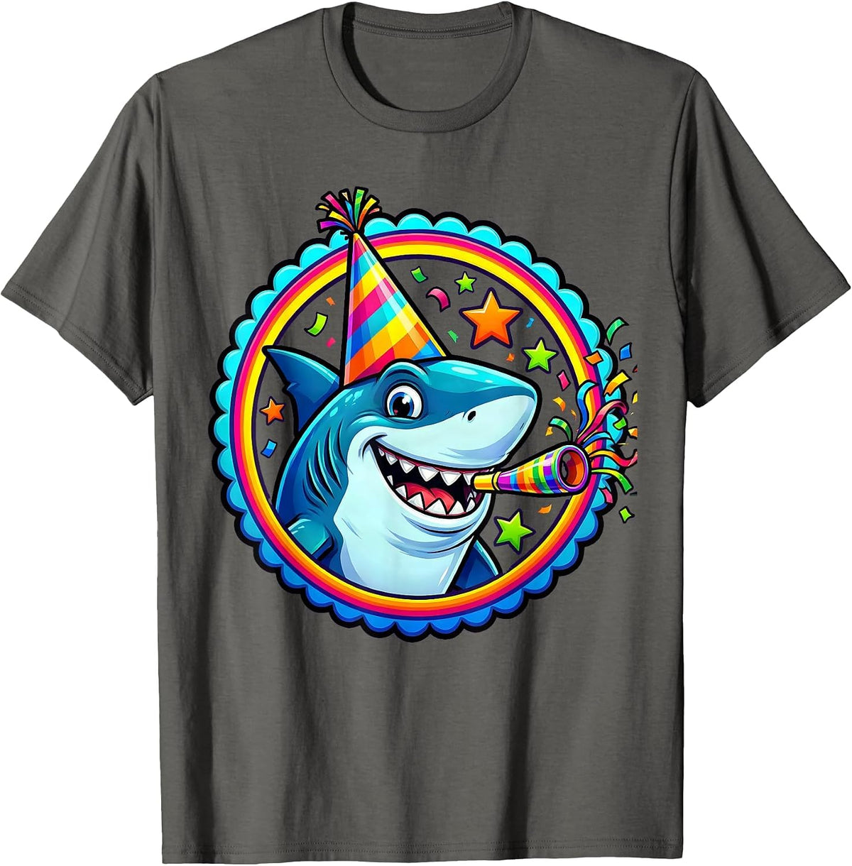 5th Birthday Shark Party Hat Noisemaker Design T-Shirt - Asphalt Grey