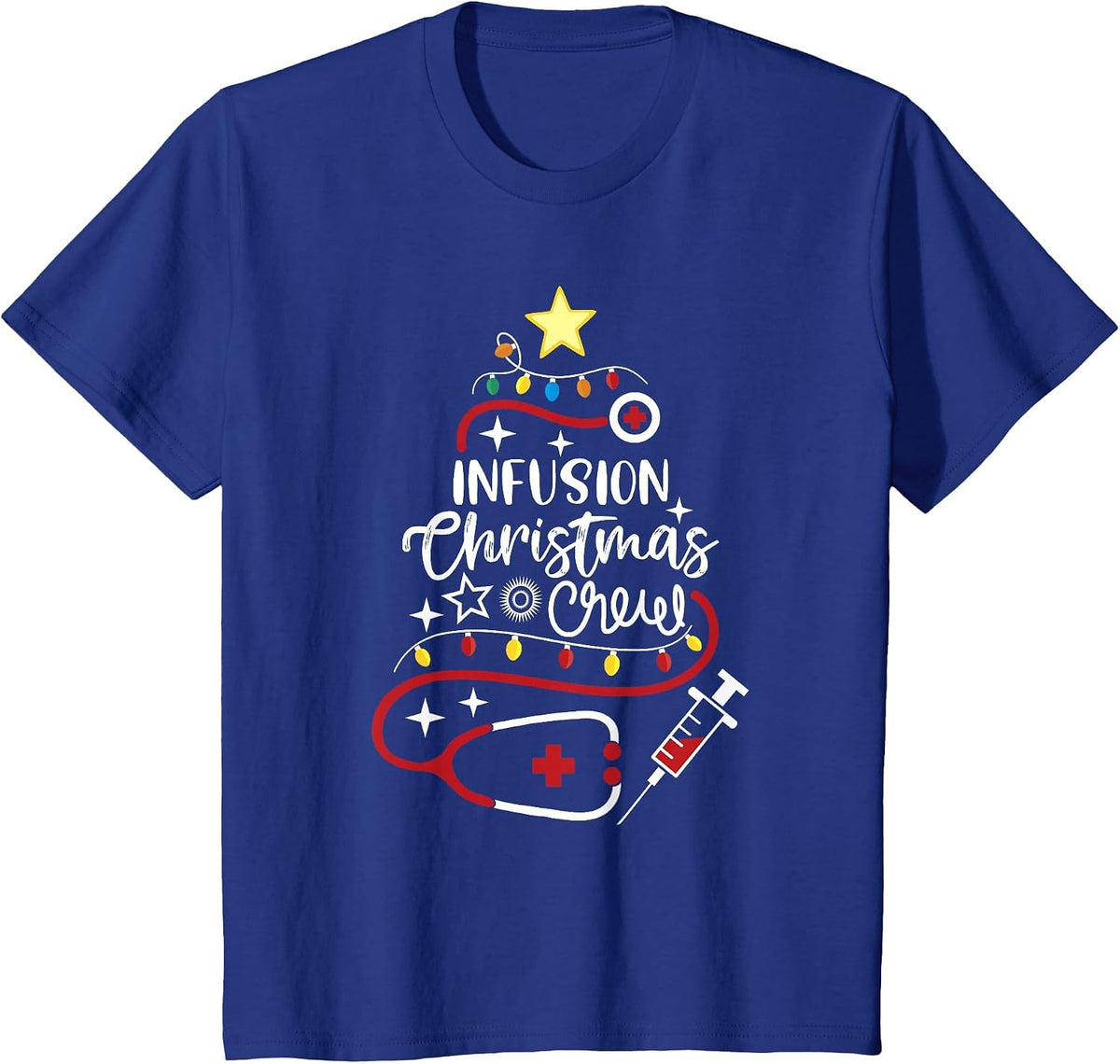 Infusion Nurse Techs Chemotherapy Infusion Christmas Crew T-Shirt - Royal Blue