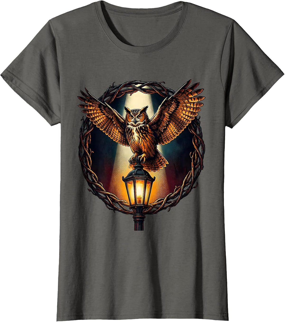 Women's Vintage Halloween Owl on Lantern Post Graphic T-Shirt - Asphalt Grey