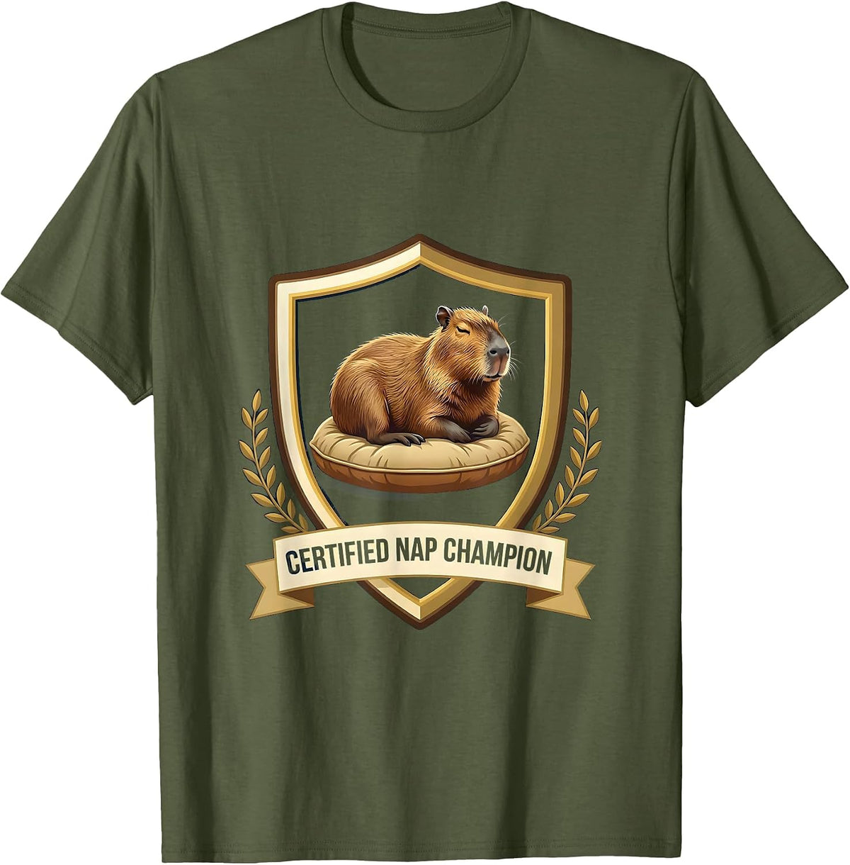 Men's Certified Nap Champion Cute Capybara Sleepy Humor T-Shirt - Olive Green