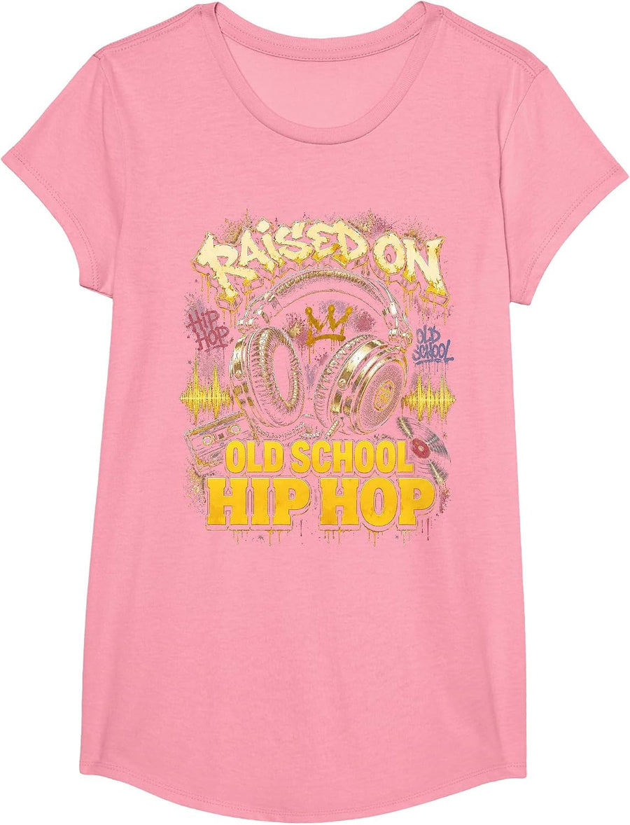 Raised On Old School Hip Hop Cassette Graffiti Rap T-Shirt, Girls, Pink, Medium - As Pictured