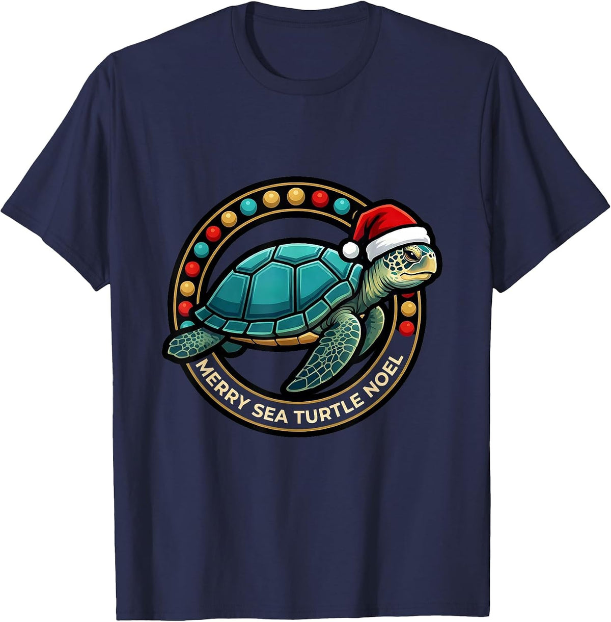 Men's Merry Sea Turtle Noel Cute Sea Turtle Christmas Santa Hat T-Shirt - Navy Blue
