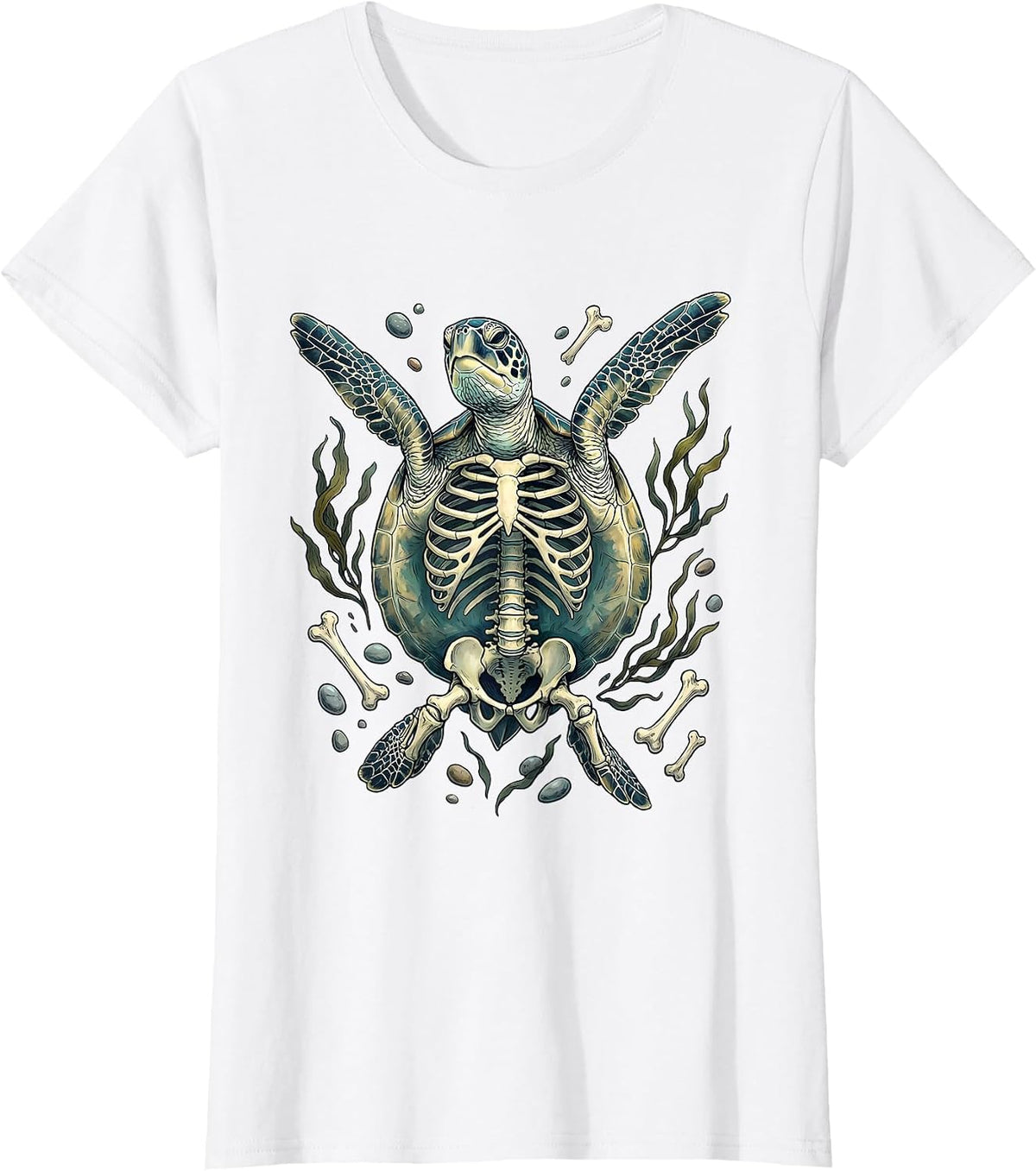 Women's Turtle Skeleton Deep Ocean Swim Graphic T-Shirt - White