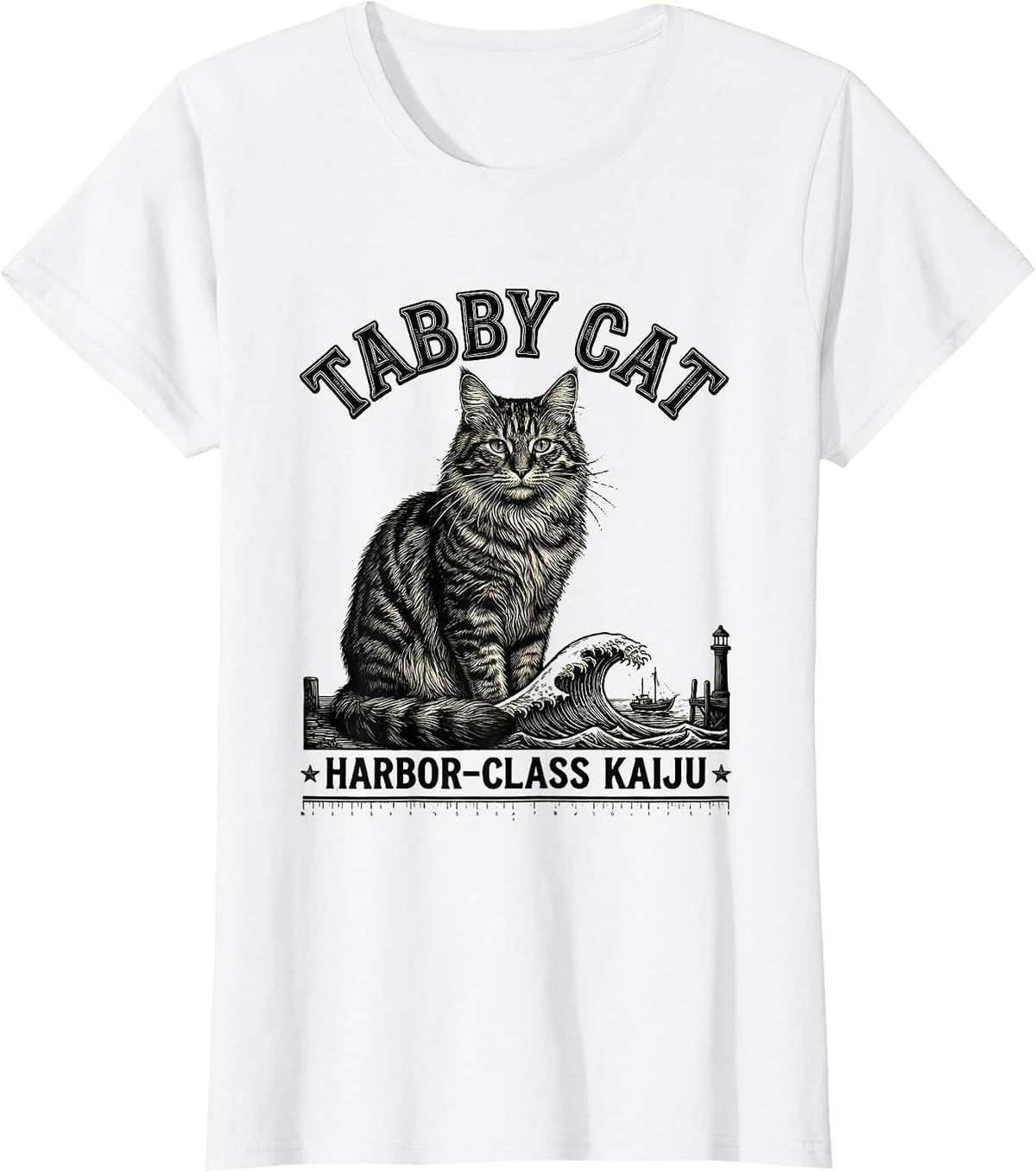 Tabby Cat Harbor-Class Kaiju Funny Japanese Monster Art T-Shirt - White