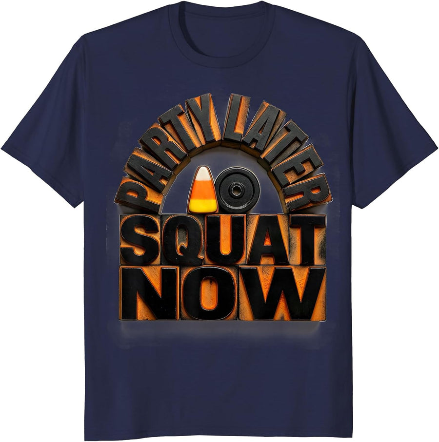 Party Later, Squat Now Funny Halloween Gym Workout T-Shirt - Navy Blue