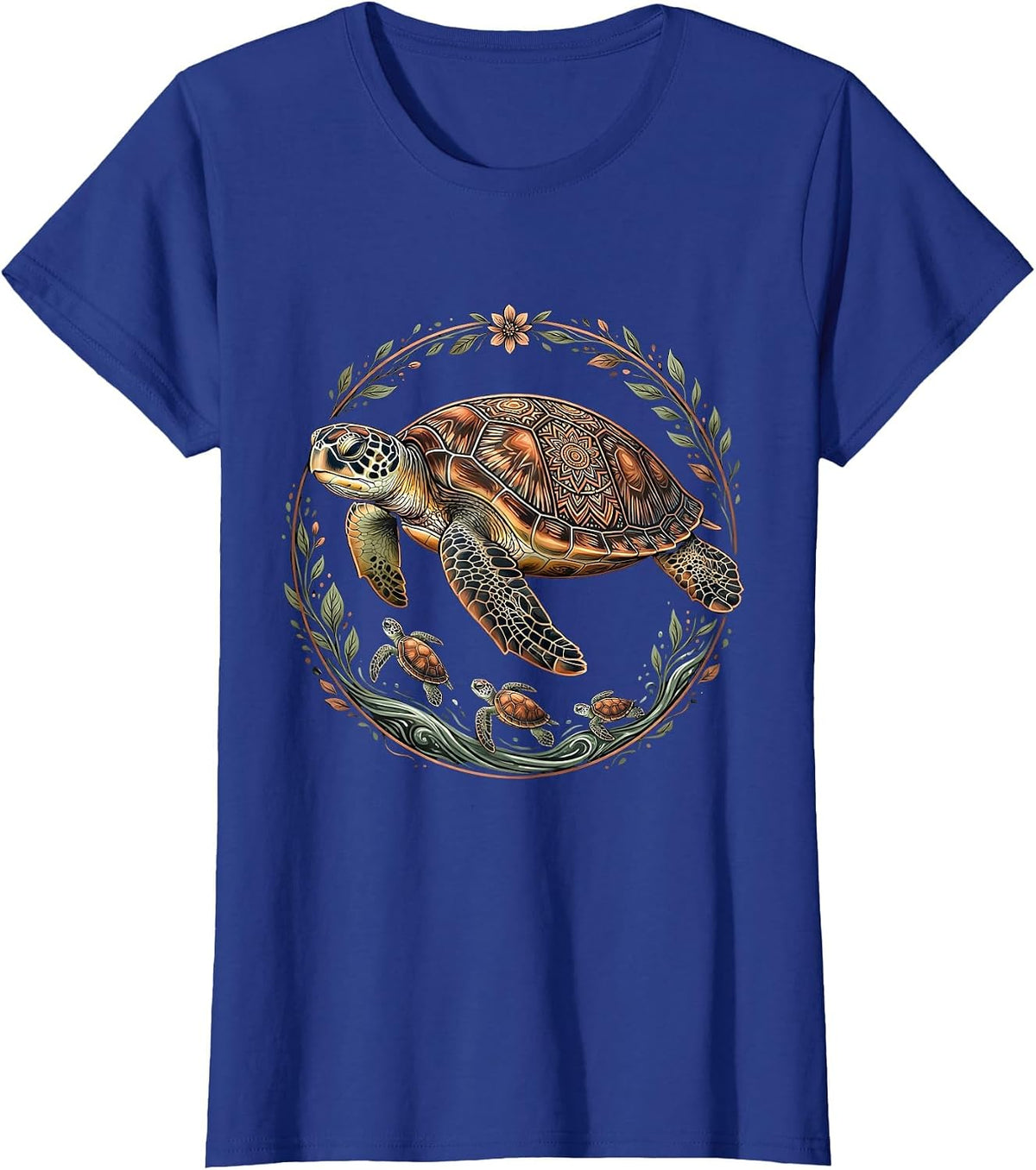 Women's Mama Turtle Guiding Hatchlings to the Ocean T-Shirt - Royal Blue