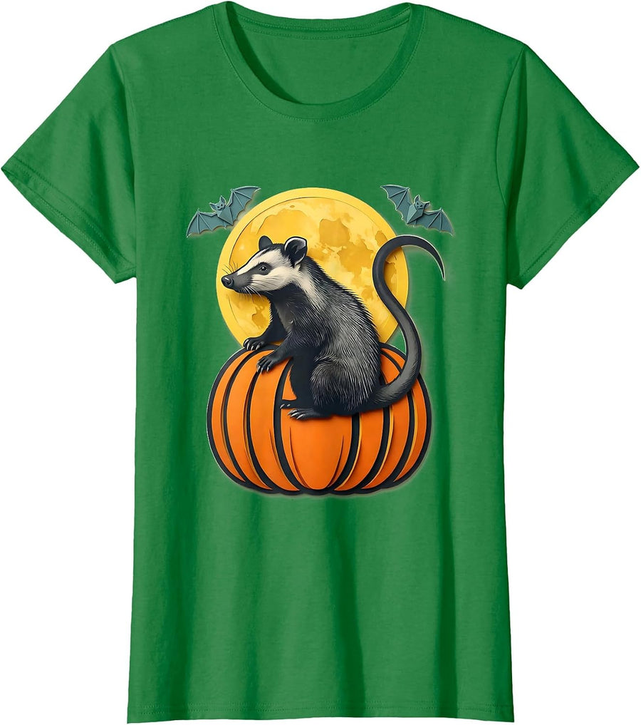 Women's Opossum Moon Pumpkin Throne Halloween Spooky Novelty T-Shirt - Kelly Green