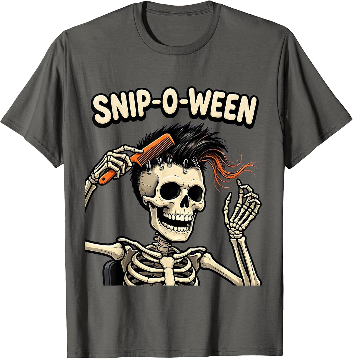Men's Snip-o-Ween Cartoon Skeleton Hairstylist Halloween Barber T-Shirt - Asphalt Grey