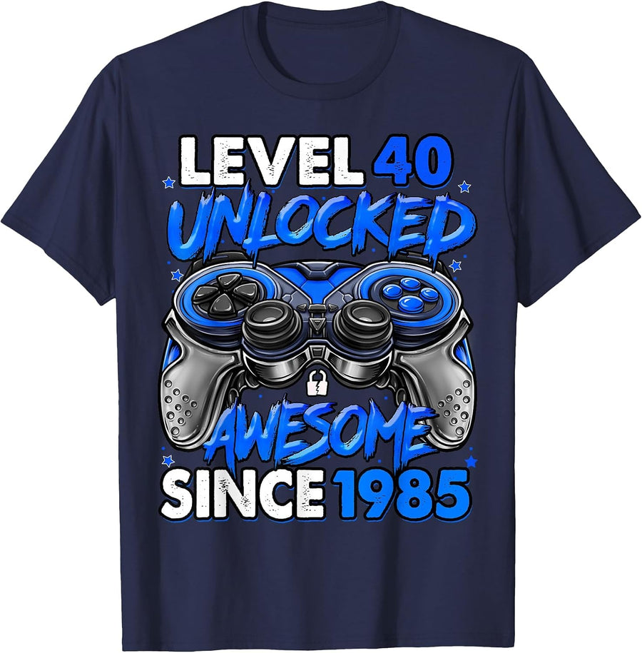 Level 40 Unlocked Awesome Since 1985 40th Birthday Gaming T-Shirt - Navy Blue