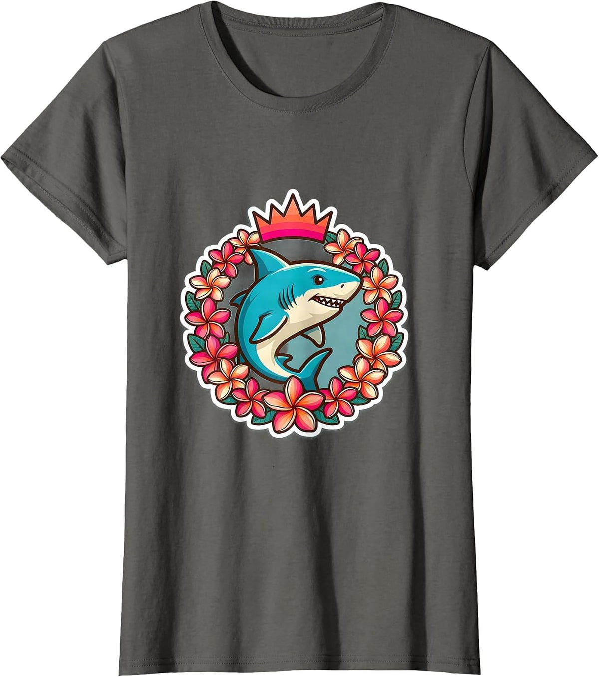 Women's Maui Plumeria Wreath Shark Tropical Illustration T-Shirt - Asphalt Grey