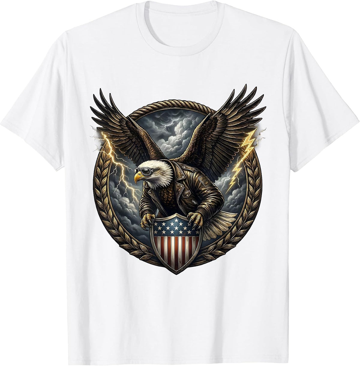Men's Eagle and Shield Patriotic Stormy Sky Design T-Shirt - White