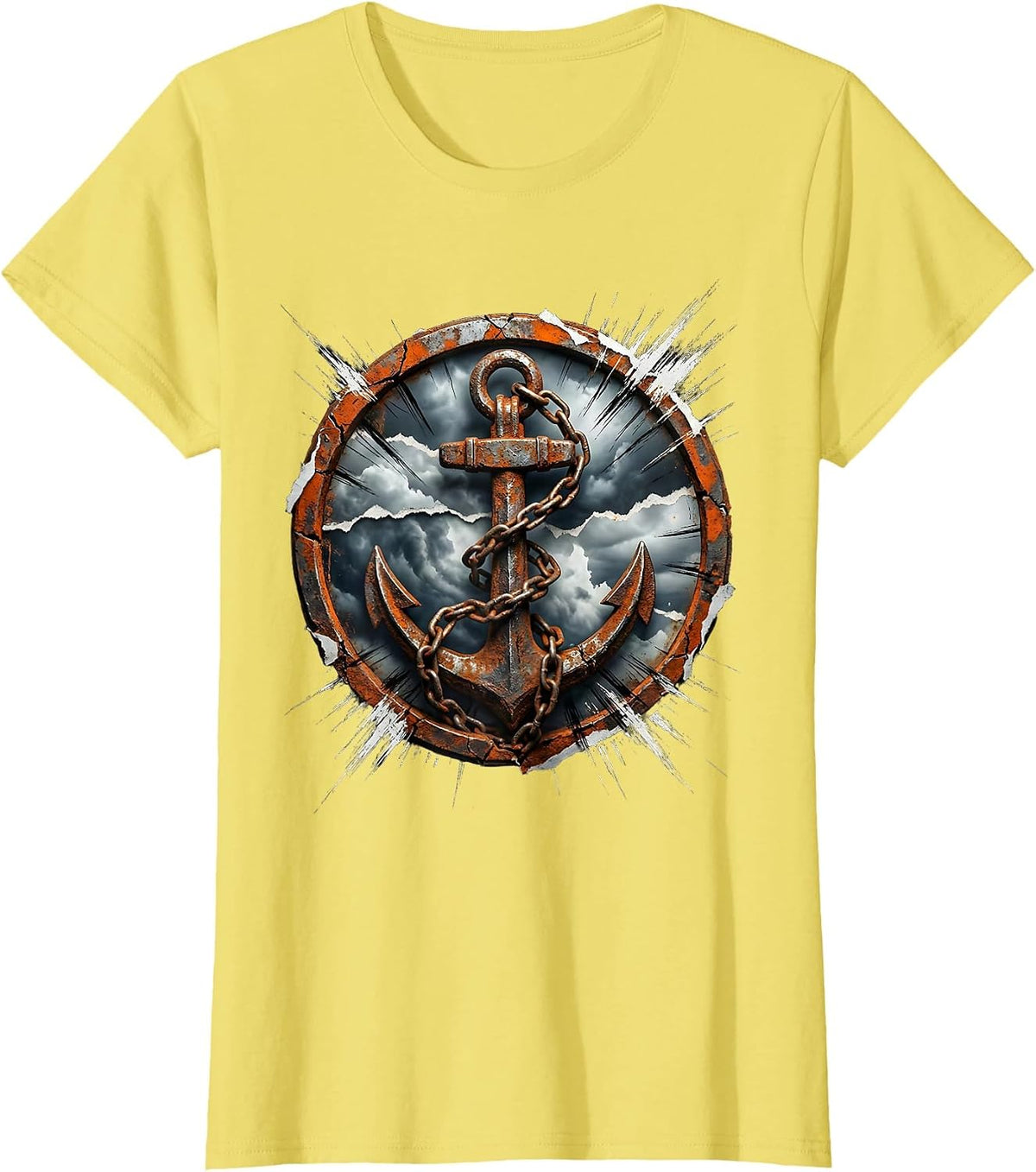 Women's Rusted Anchor Sinking Through Storm Clouds T-Shirt - Lemon Yellow