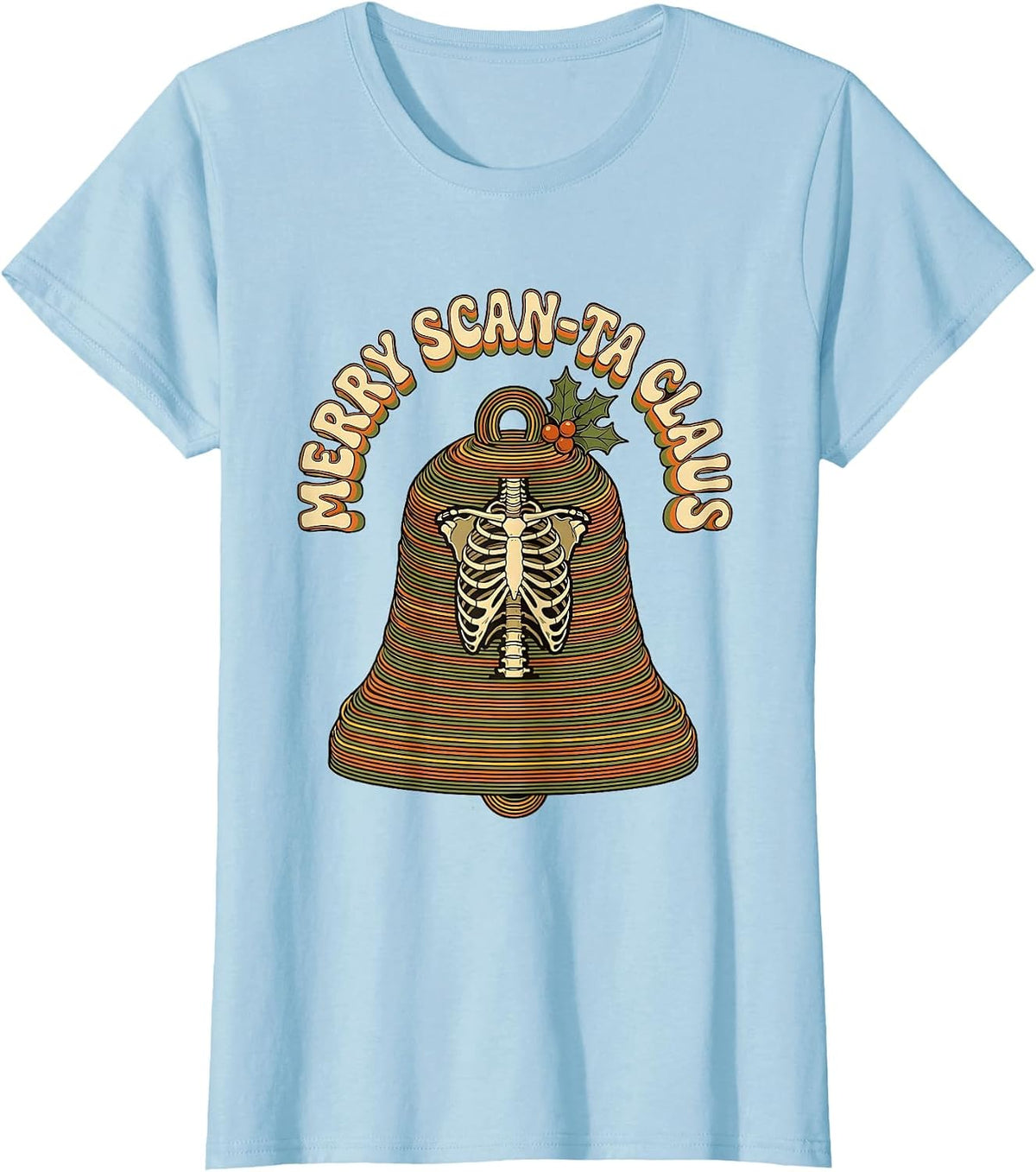 Women's Merry Scan-ta Claus Retro 70s Radiology Tech Christmas T-Shirt - Baby Blue