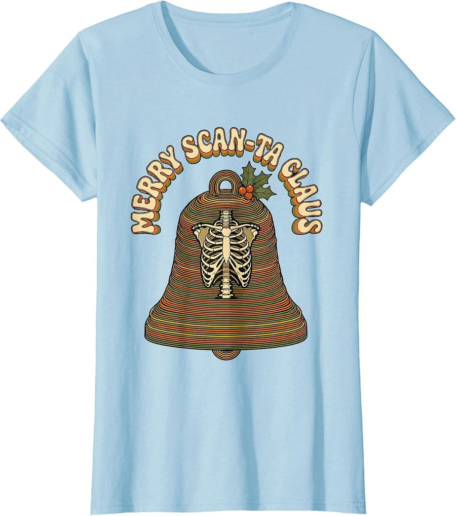Women's Merry Scan-ta Claus Retro 70s Radiology Tech Christmas T-Shirt - Baby Blue
