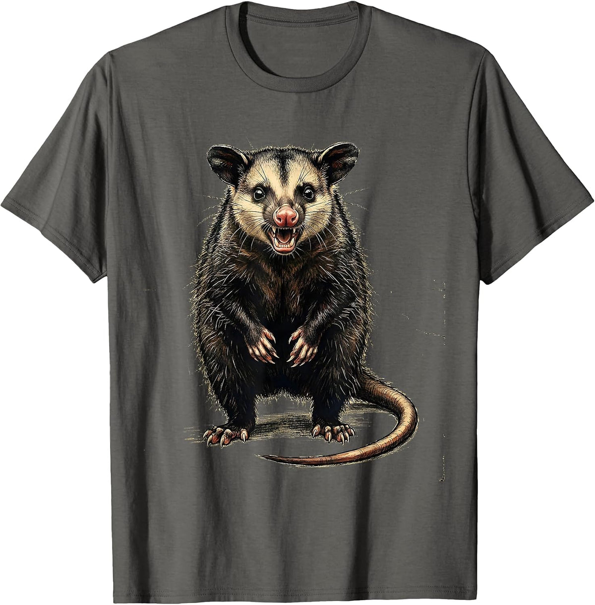 Distressed Opossum Angry Animal Meme Humor T-Shirt - Asphalt Grey