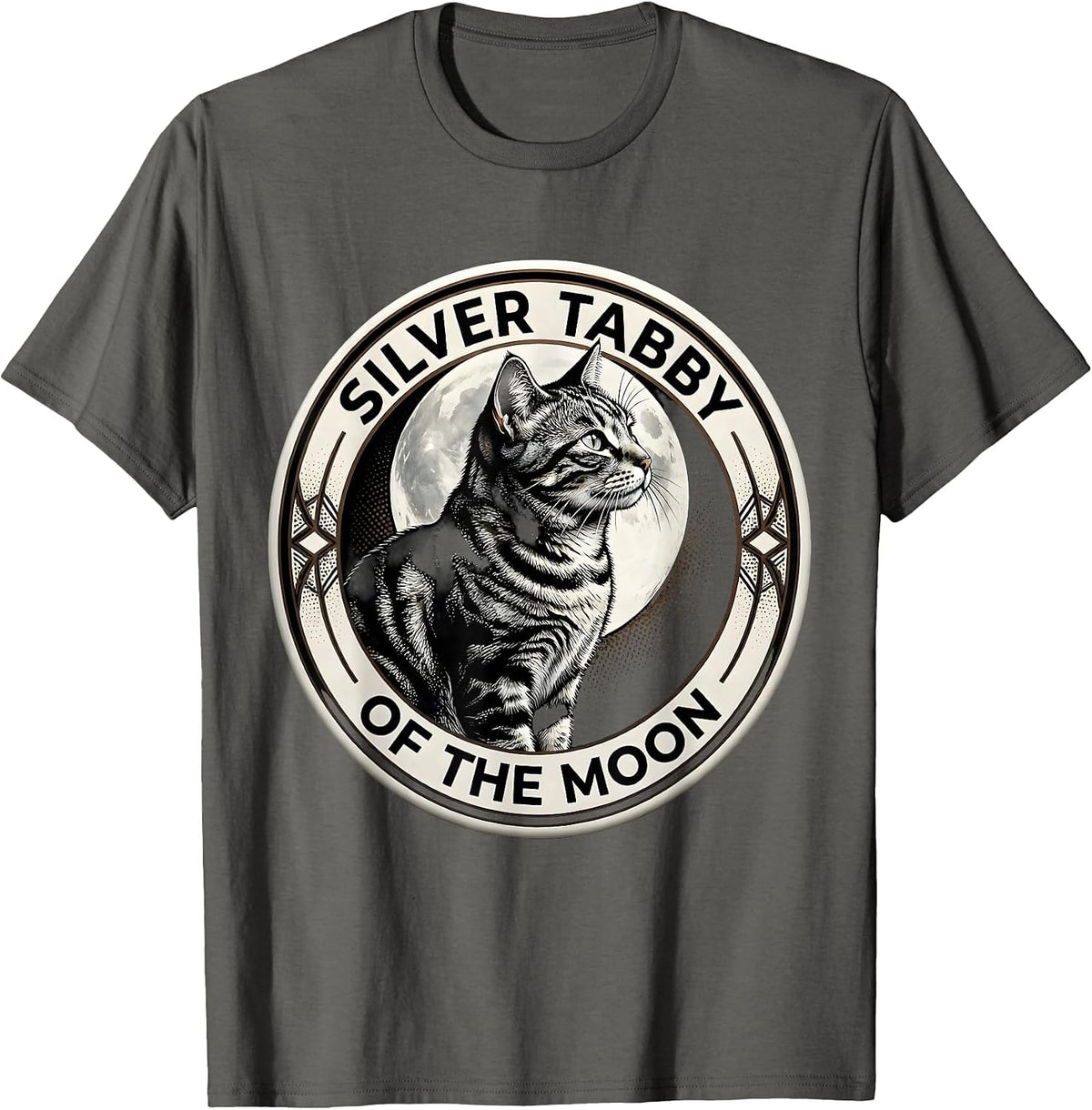 Men's Silver Tabby Of The Moon Blackwork Dotwork Cat Lover Humor T-Shirt - Asphalt Grey