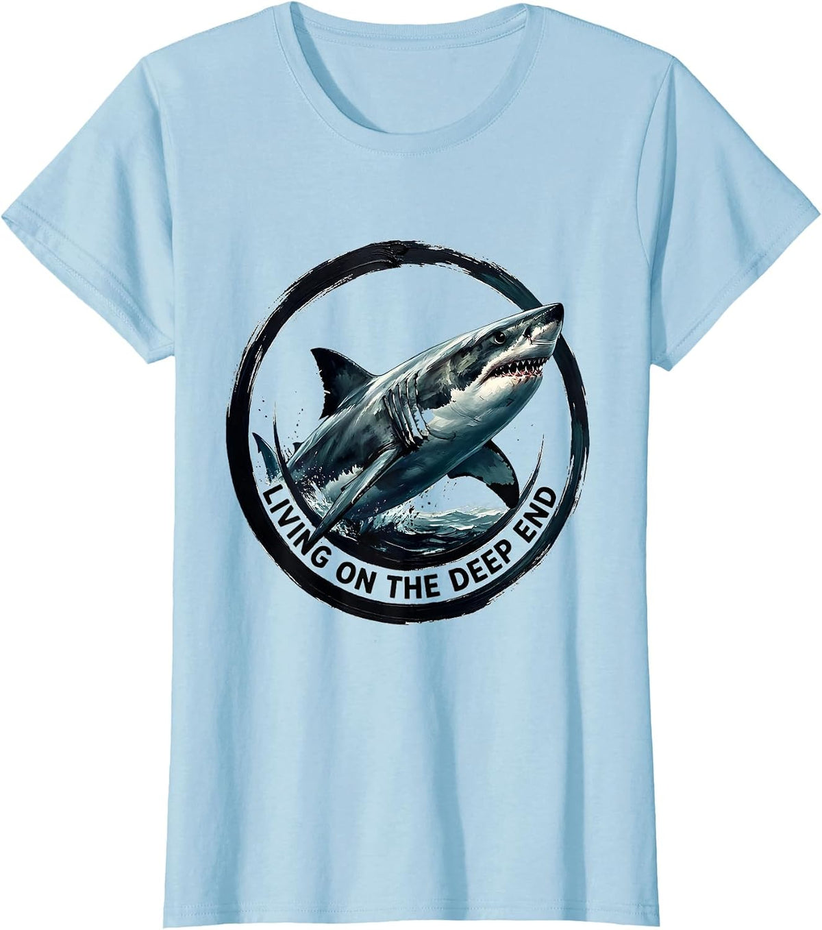Living On The Deep End Shark Design T-Shirt - Baby Blue