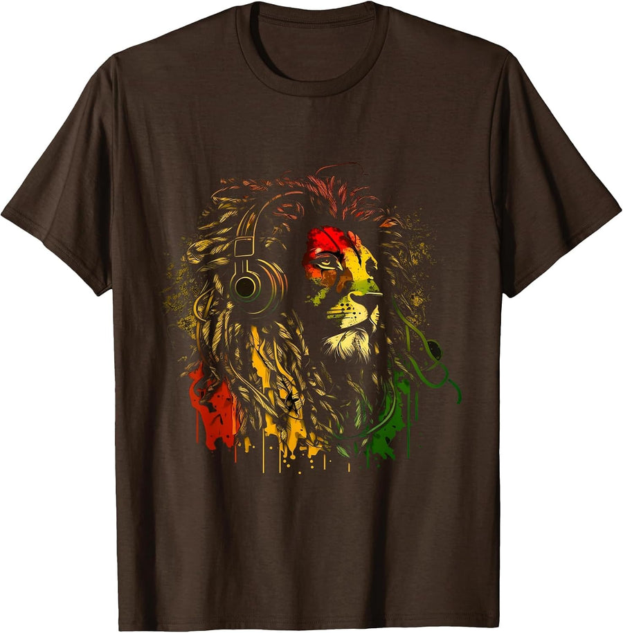 Rasta Reggae Lion of Judah Jamaican Roots Rastafarian Lion T-Shirt - Brown