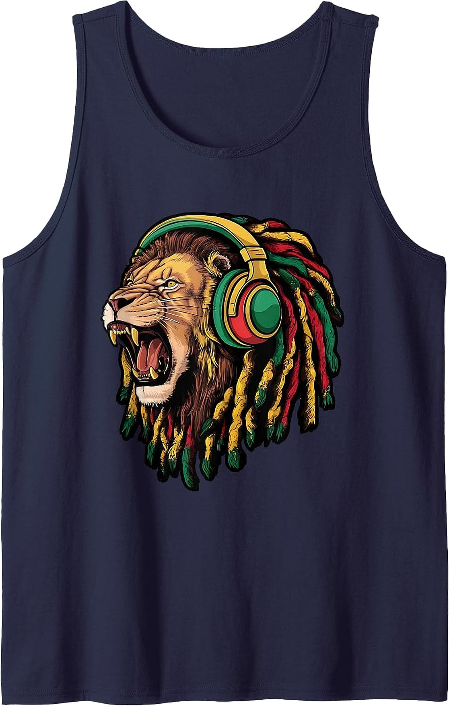 Rasta Reggae Music Headphones Jamaican Pride Lion Tank Top - Navy Blue