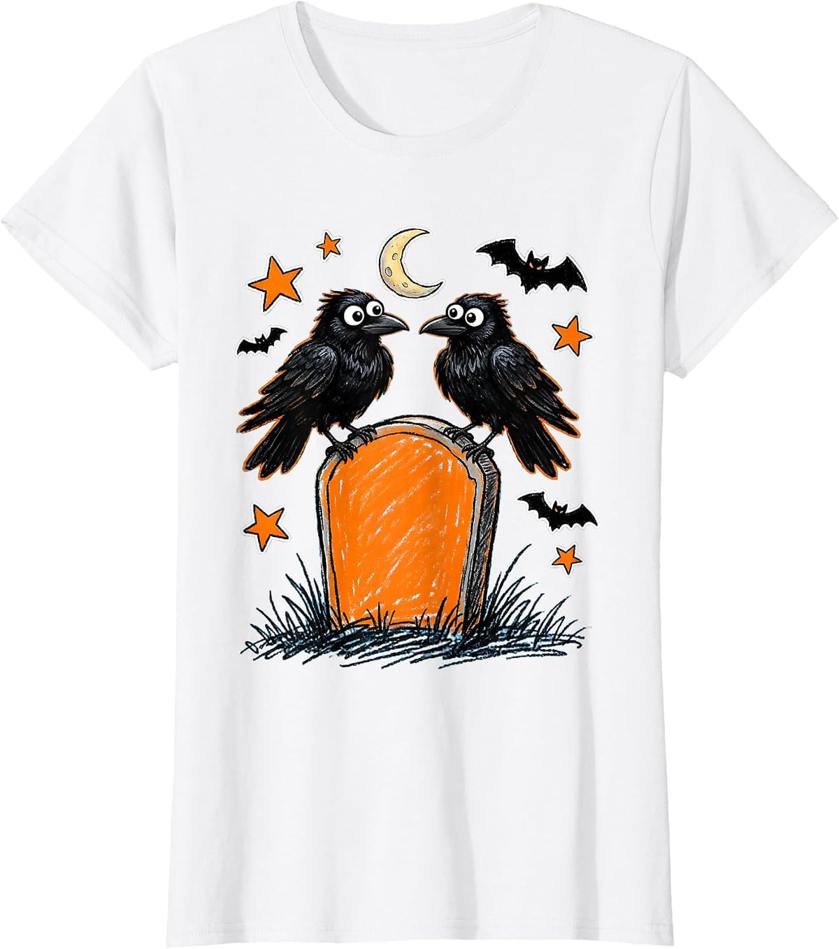 Twin Ravens on Tombstone Halloween Gothic Design T-Shirt - White