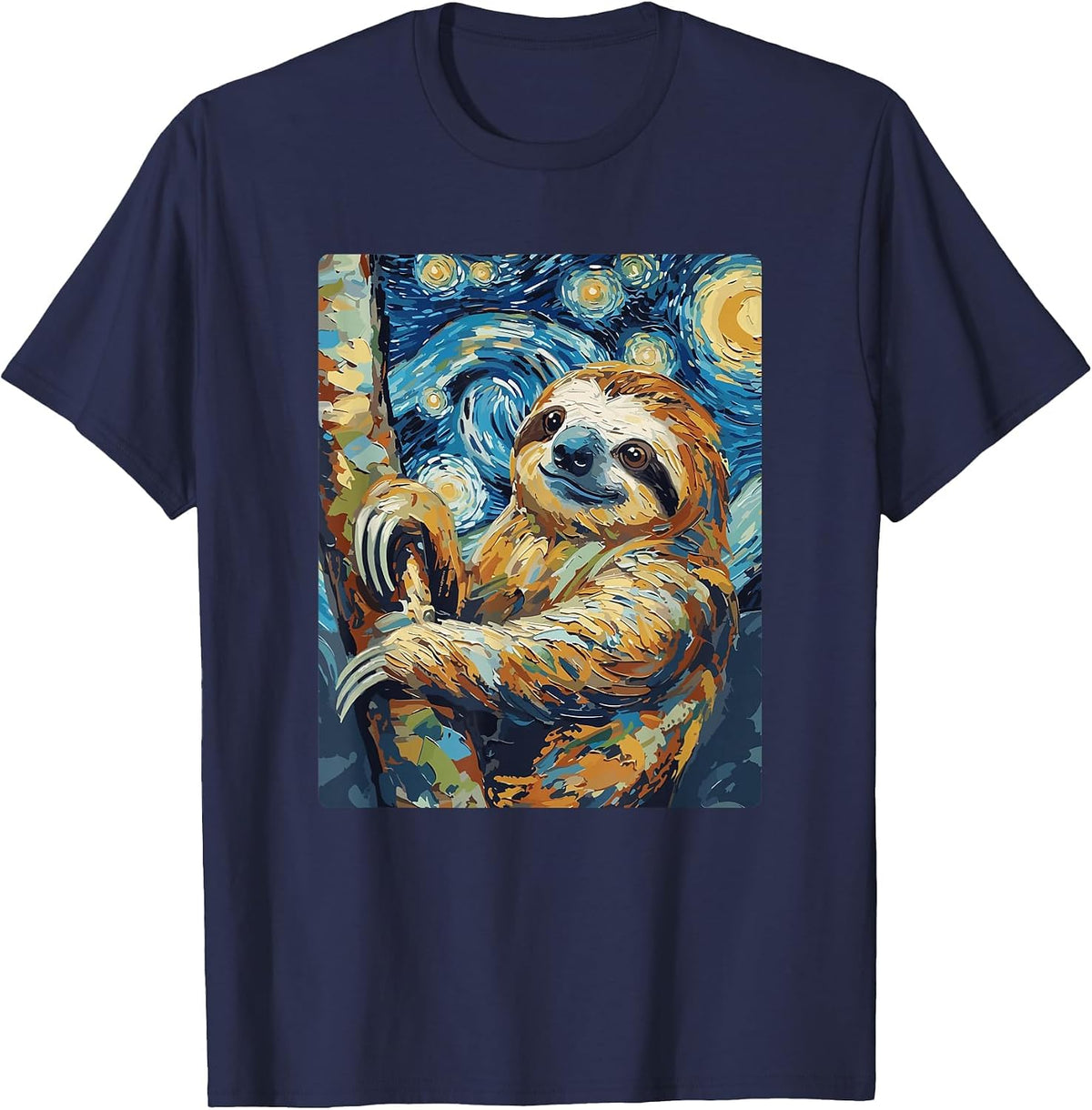 Art Funny Sloth Painting Artist Starry Night T-Shirt - Navy Blue