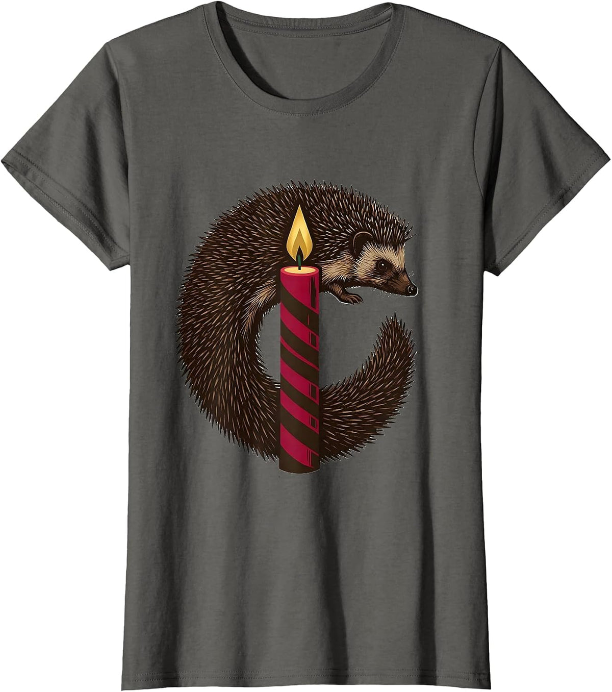 Women's Curled Hedgehog Quills Christmas Candle Cute Novelty Gift T-Shirt - Asphalt Grey
