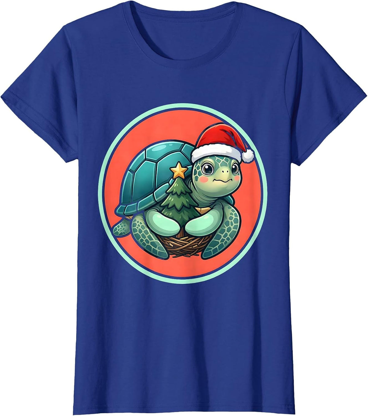 Women's Sea Turtle Santa Hat Cute Kawaii Christmas Novelty T-Shirt - Royal Blue
