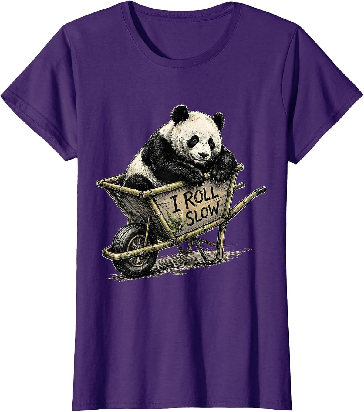 Women's I Roll Slow Hand-Sketched Panda Lover Cute Humor T-Shirt - Purple