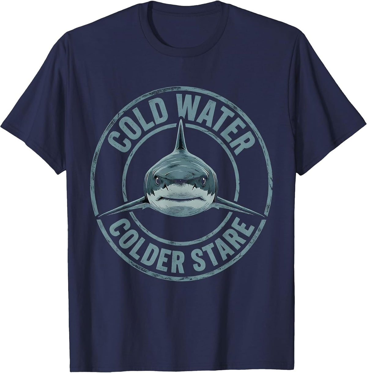 Cold Water Colder Stare Shark Graphic Design T-Shirt - Navy Blue