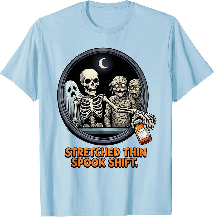 Men's Stretched Thin Spook Shift Funny Pharmacy Tech Halloween T-Shirt - Baby Blue