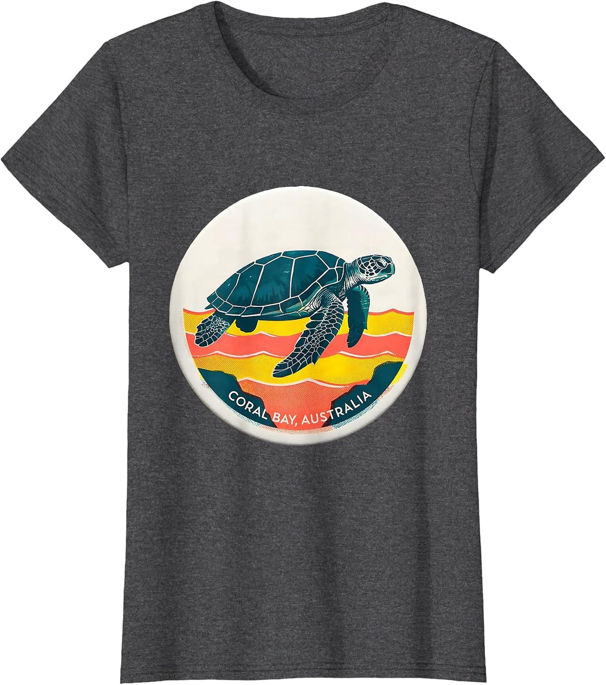 Women's Coral Bay Australia Risograph Sea Turtle Beach Souvenir T-Shirt - Dark Heather Grey