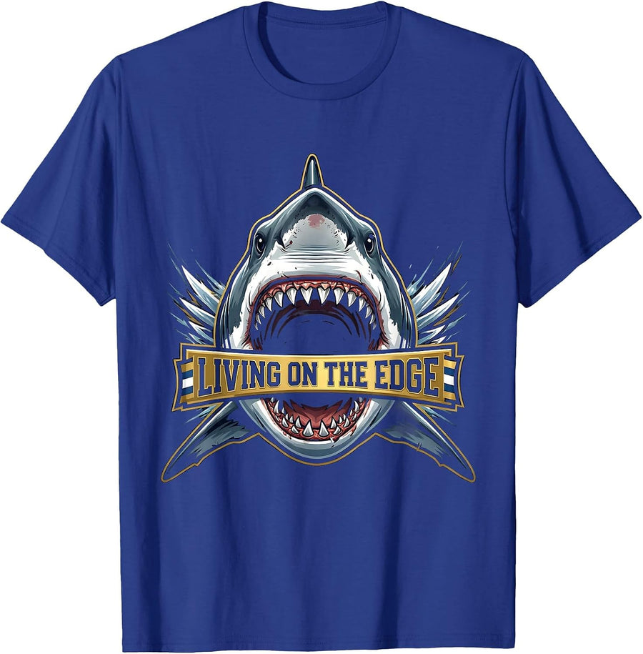 Living on the Edge Bold Shark Graphic Design T-Shirt - Royal Blue