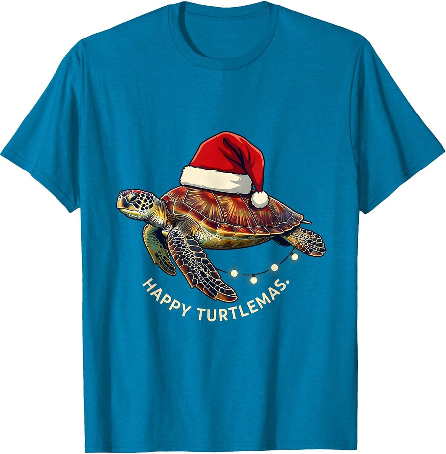 Happy Turtlemas Whimsical Sea Turtle Christmas Santa Hat T-Shirt - Sapphire Blue