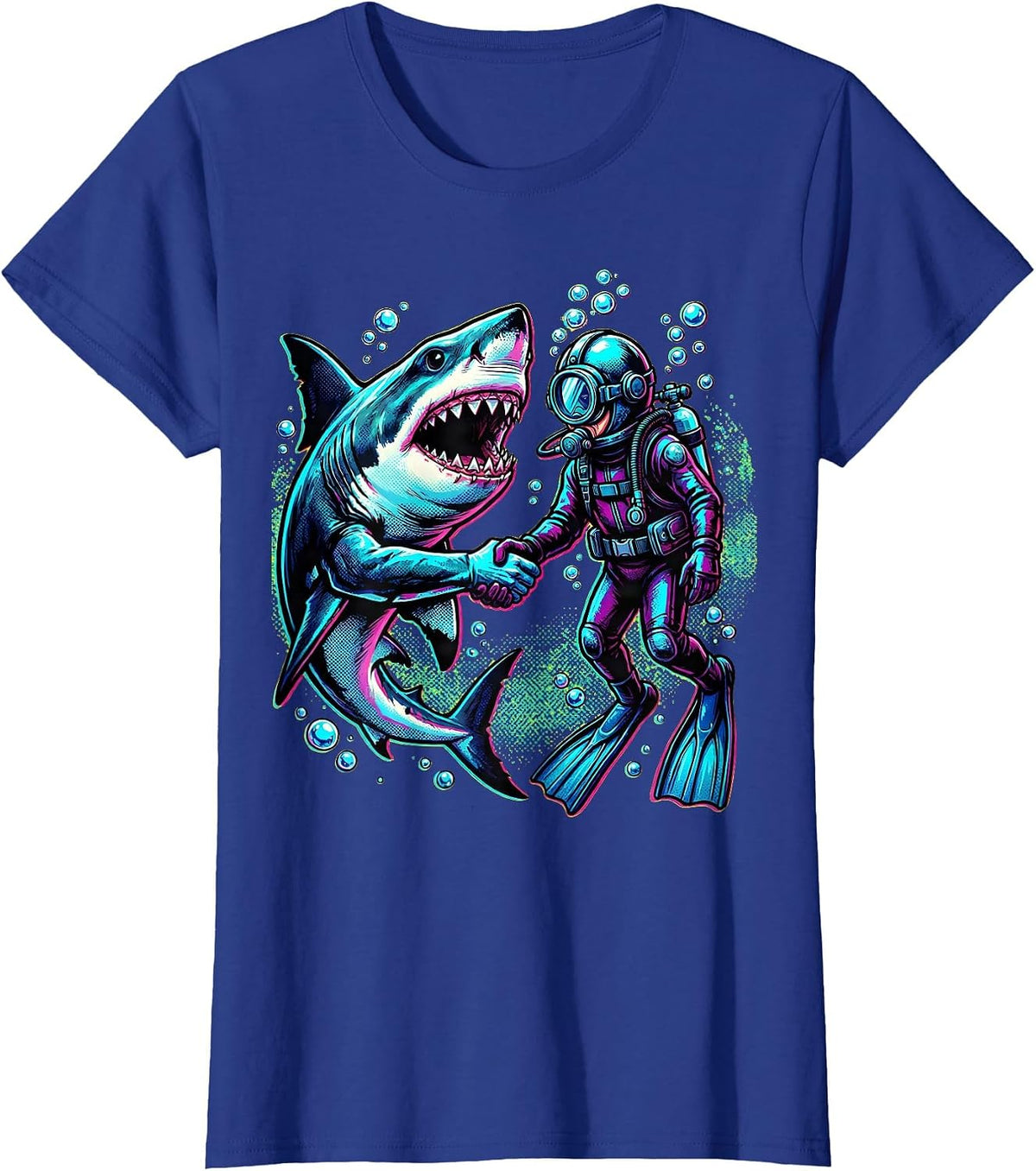 Women's Shark and Diver Holding Hands Underwater Art T-Shirt - Royal Blue