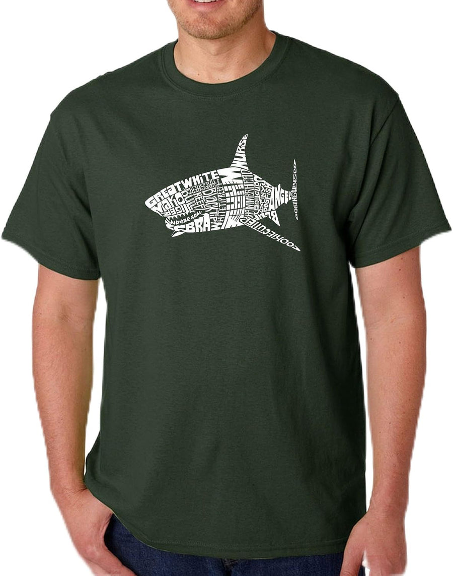 LA POP ART Men's Word Art T-Shirt- Species of Shark - Forest Green