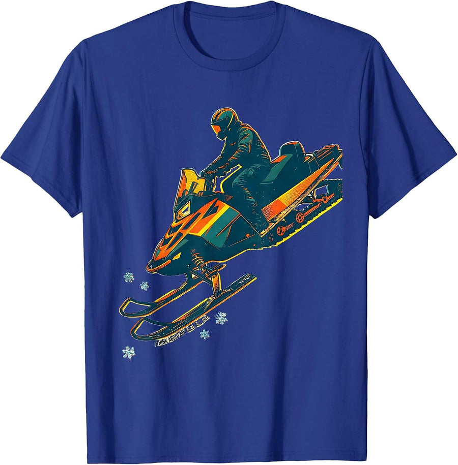 I Think About My Sled All Day Funny Snowmobile Rider Winter T-Shirt - Royal Blue