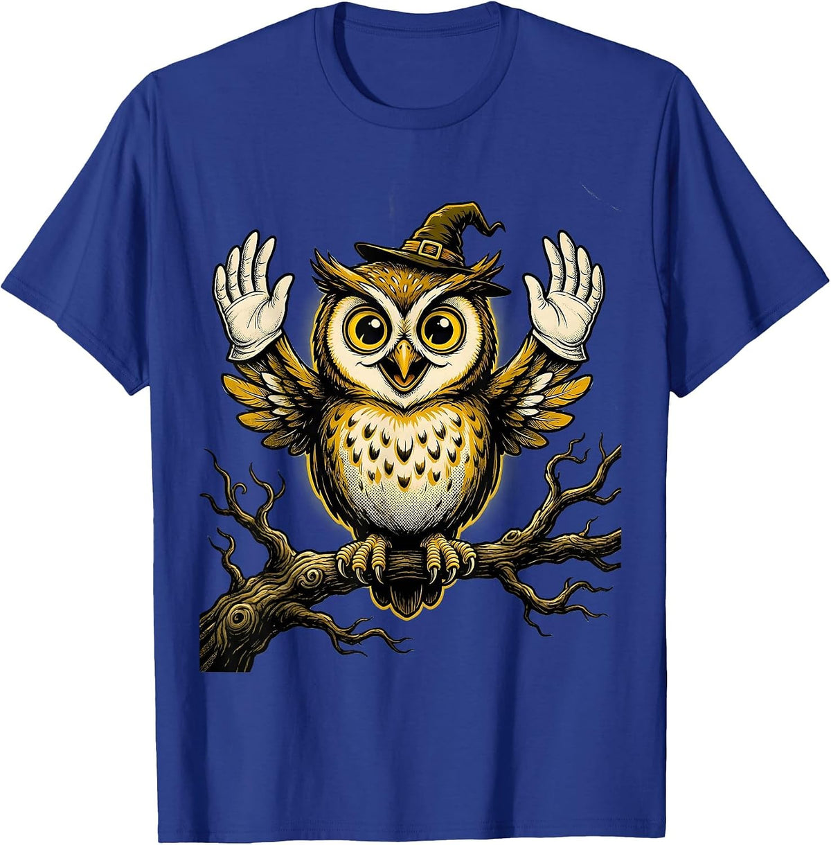 Spooky Owl on Bare Tree Branch Halloween Design T-Shirt - Royal Blue
