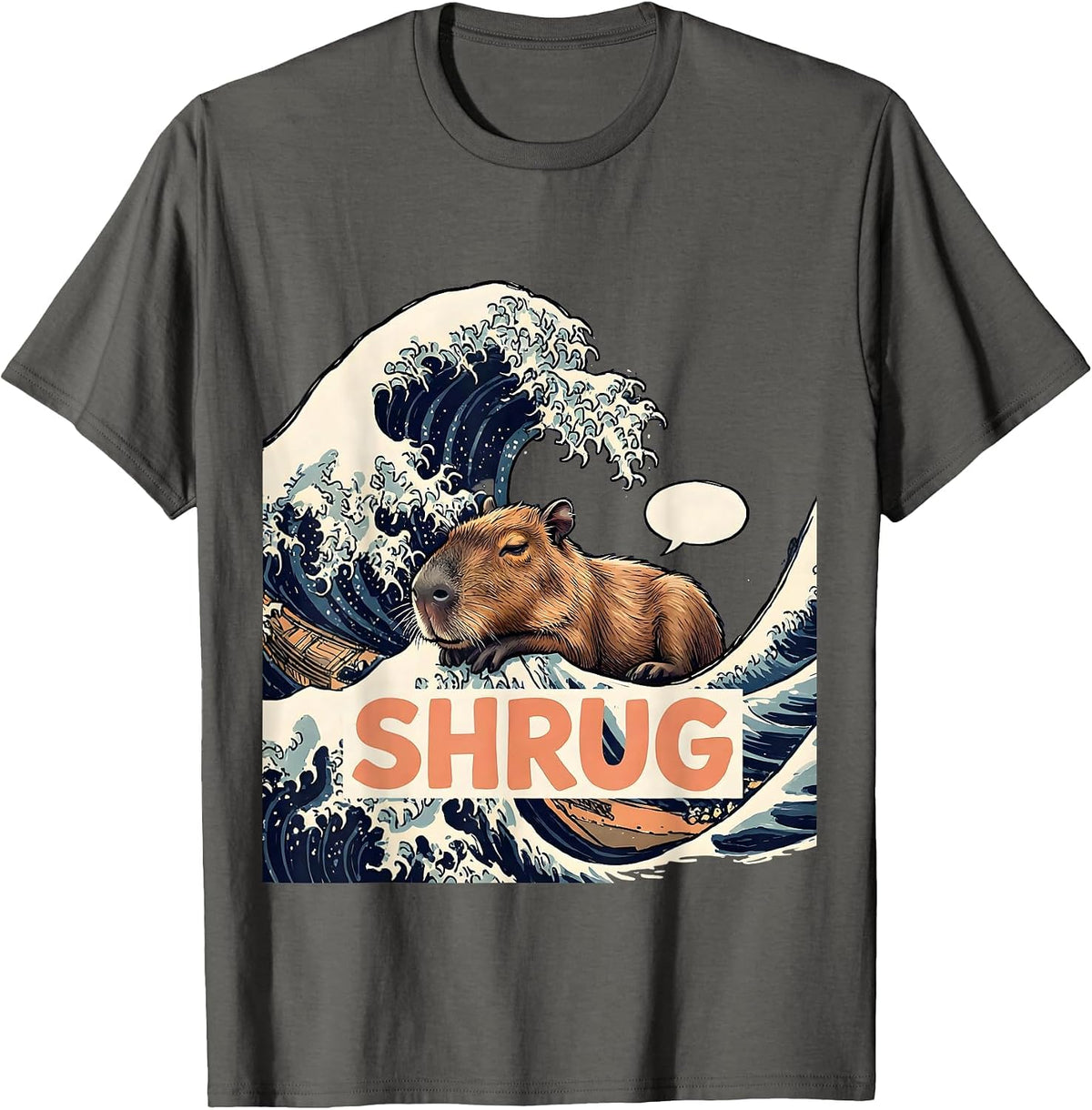 Shrug Funny Capybara Japanese Kanagawa Wave Animal Parody T-Shirt - Asphalt Grey