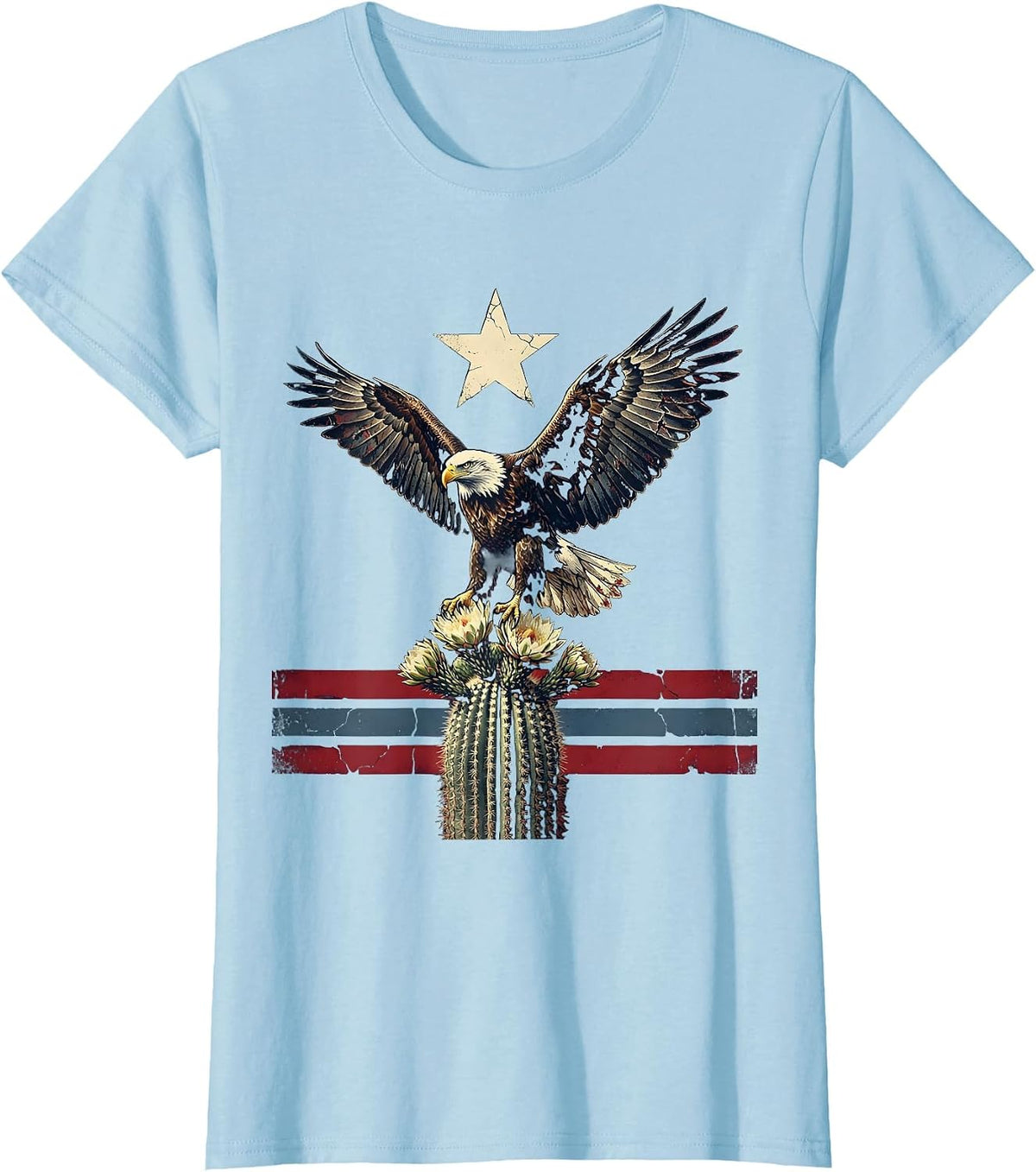 Eagle Perched on Flowering Cactus Patriotic Design T-Shirt - Baby Blue