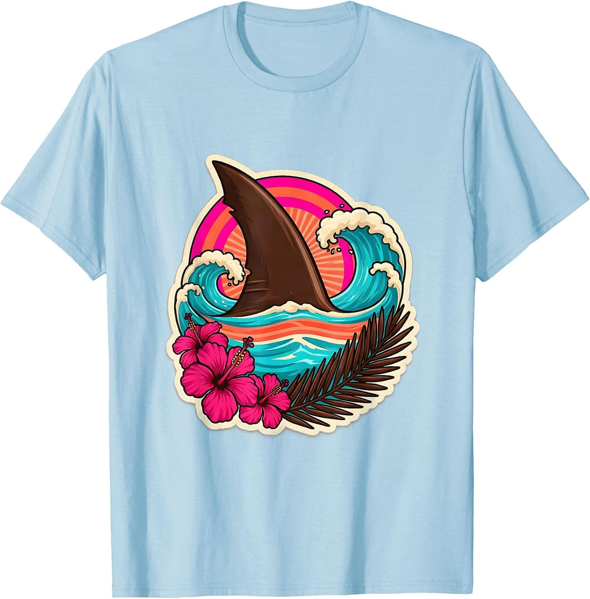 Men's Kids Shark Fin Ocean Waves Hawaiian Design T-Shirt - Baby Blue