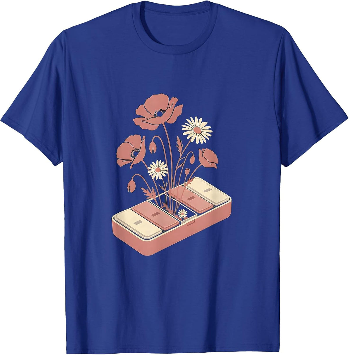 Wildflower Pill Organizer Floral Illustration T-Shirt - Royal Blue