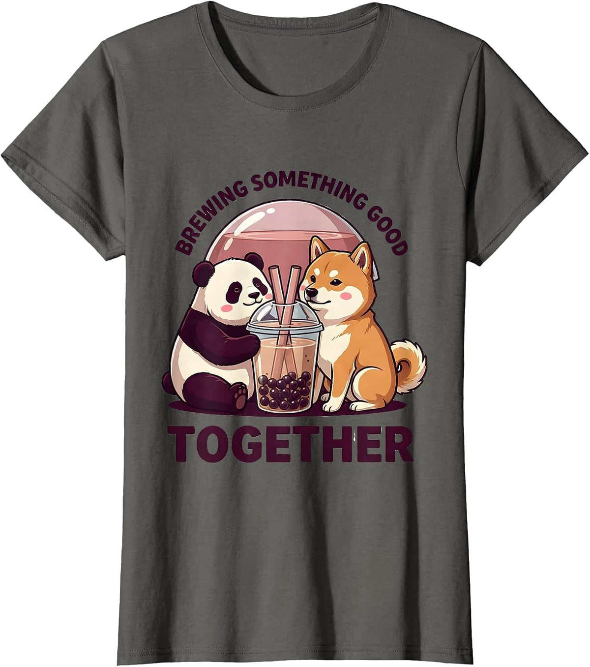Women's Brewing Something Good Together Cute Panda Kawaii Boba Tea T-Shirt - Asphalt Grey