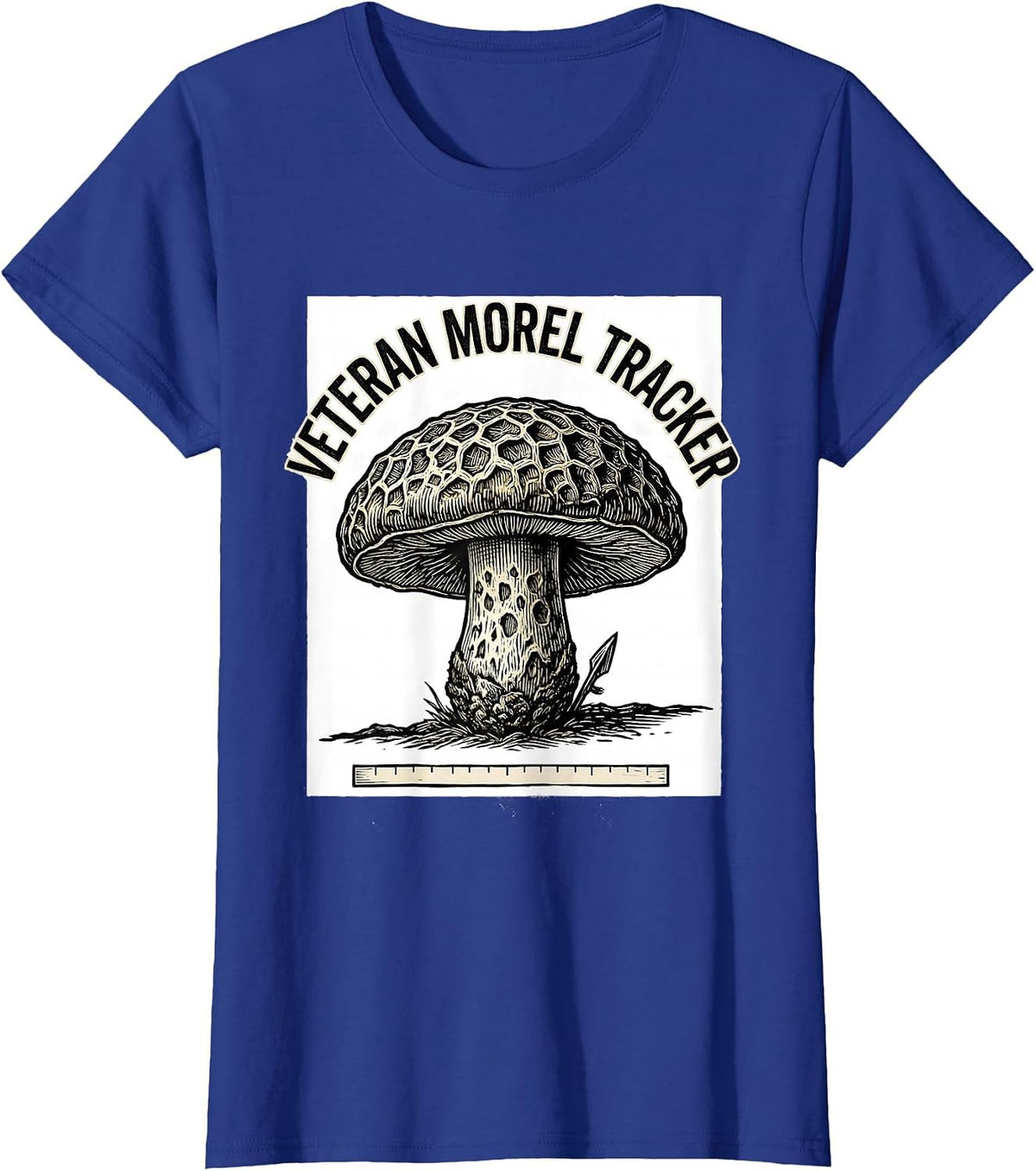 Women's Veteran Morel Tracker Woodcut Engraving Mushroom Forager T-Shirt - Royal Blue