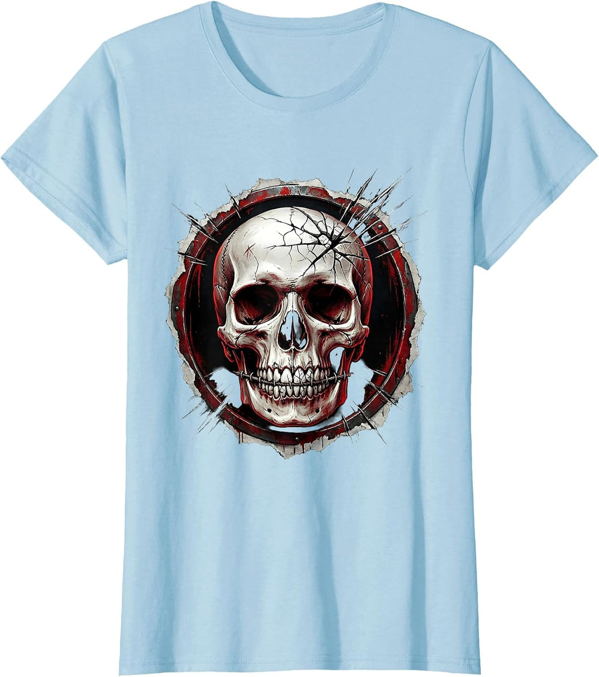 Skull Stitched Grin Cracked Teeth Dark Art Design T-Shirt - Baby Blue