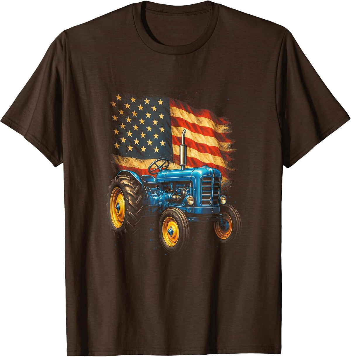 Vintage Tractor with American Flag - Patriotic Farm USA T-Shirt - Brown