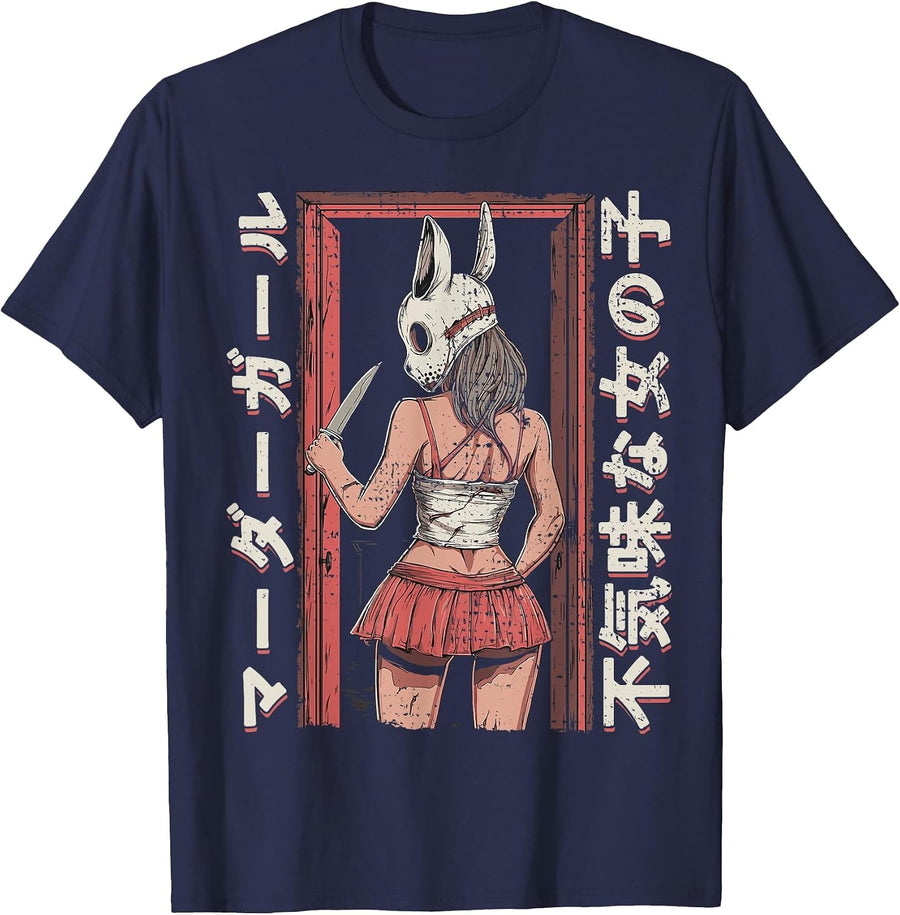 Anime Horror Bunny Aesthetic Soft Grunge Waifu Japanese Girl T-Shirt - Navy Blue