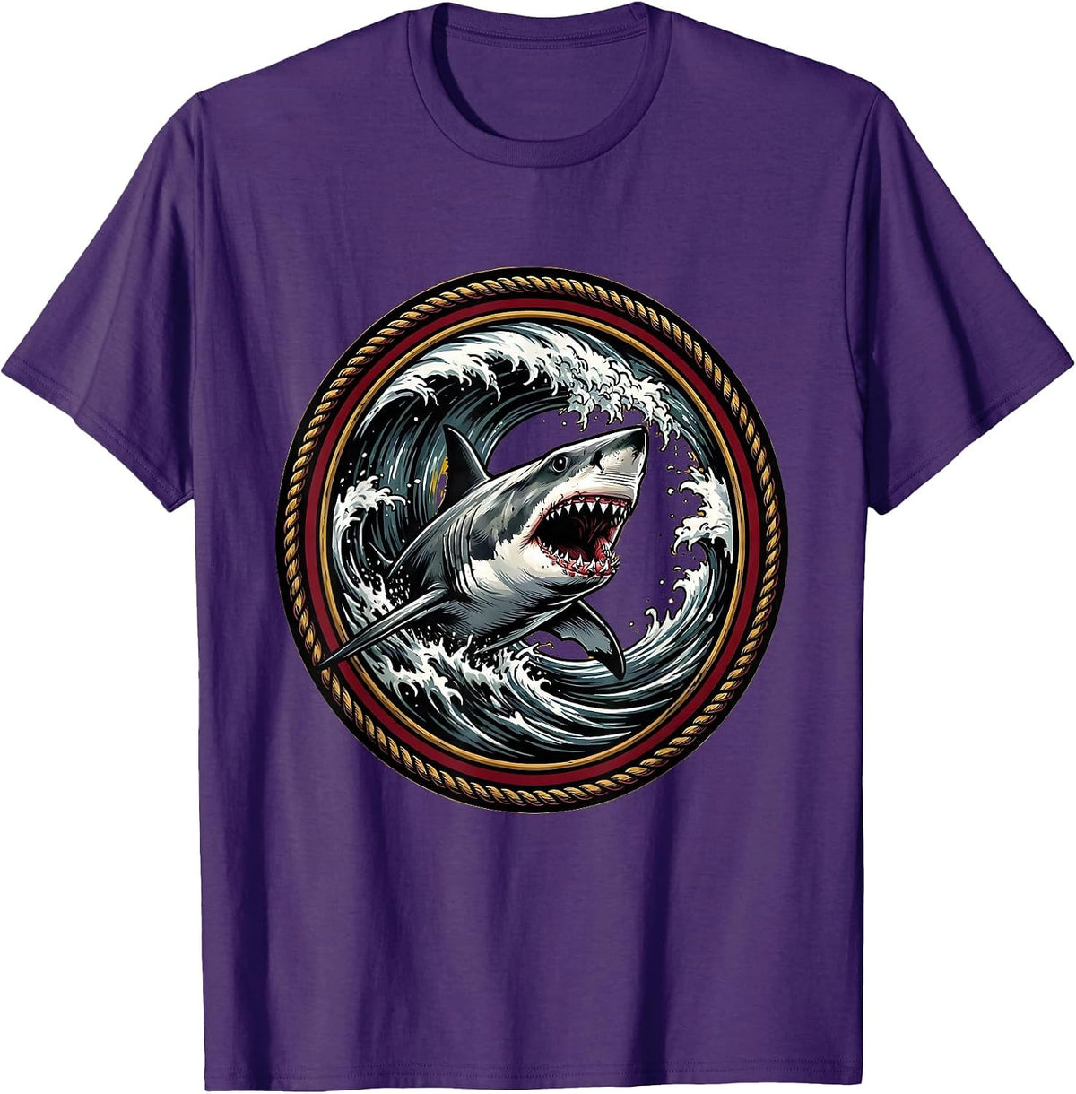 Shark Emerging From Crashing Barrel Wave T-Shirt - Purple