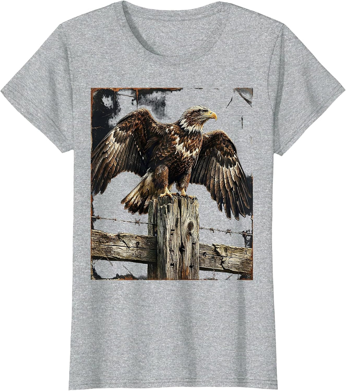 Eagle on Weathered Fence Post Western Graphic T-Shirt - Heather Grey