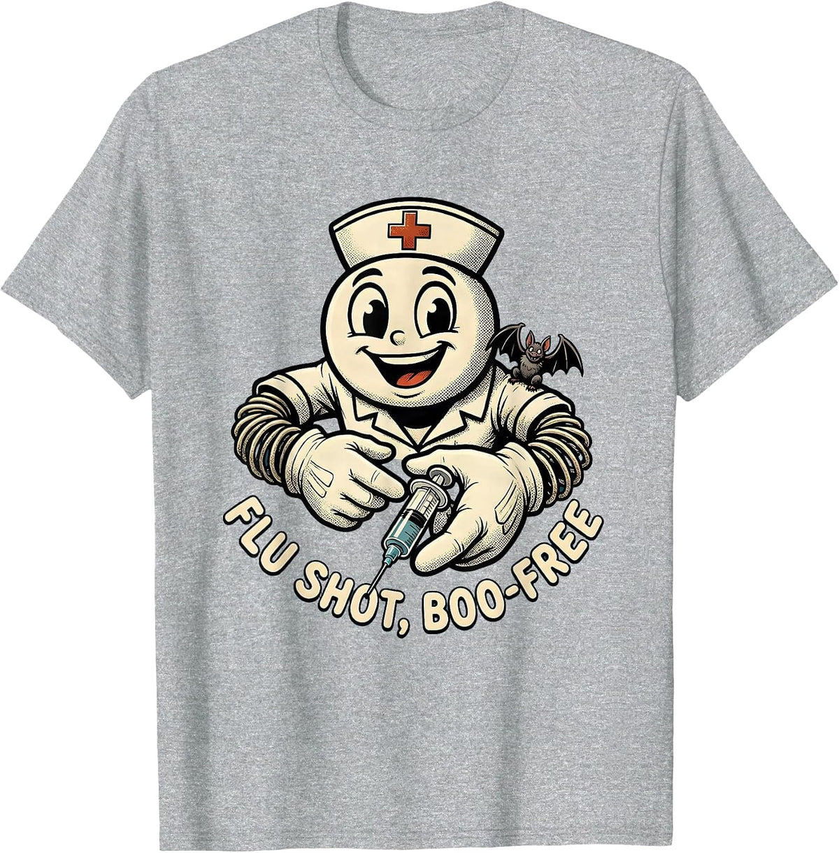 Men's Flu Shot Boo-Free Retro Cartoon Nurse Halloween Humor T-Shirt - Heather Grey