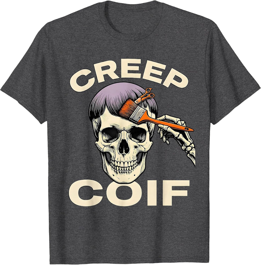 Men's Creep Coif Skeleton Hairstylist Halloween Barber Humor T-Shirt - Dark Heather Grey